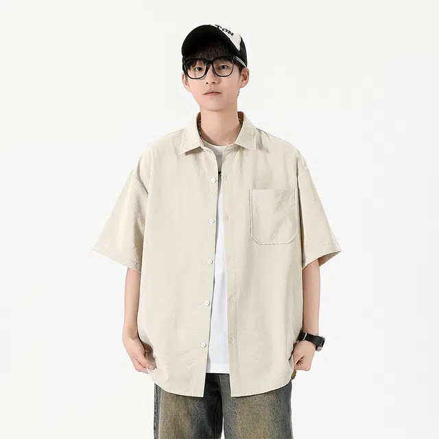 绘承 日系潮牌纯色基础款宽松翻领短袖衬衫 男女同款