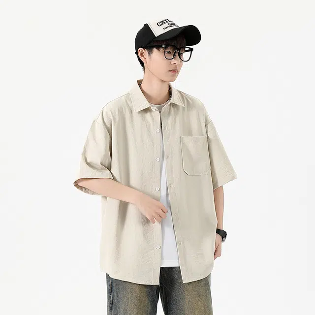 绘承 日系潮牌纯色基础款宽松翻领短袖衬衫 男女同款
