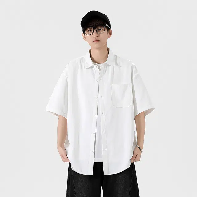 绘承 日系潮牌纯色基础款宽松翻领短袖衬衫 男女同款