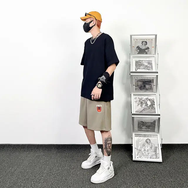 绘承 复古垂感字母印花休闲运动宽松五分短裤 男女同款