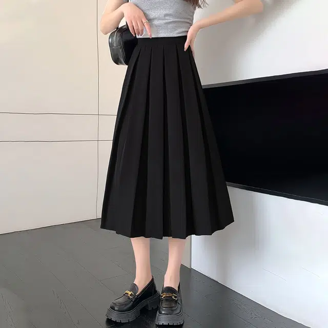雅羊人 通勤高腰百褶休闲长裙 女款 黑色