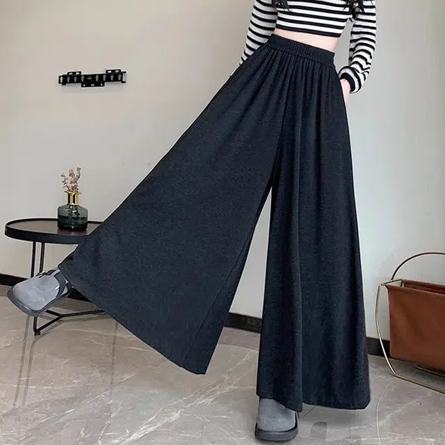 雅羊人 纯色高腰阔腿休闲裤 女款 黑灰色
