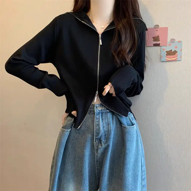雅羊人 纯色简约通勤针织衫 女款 黑色