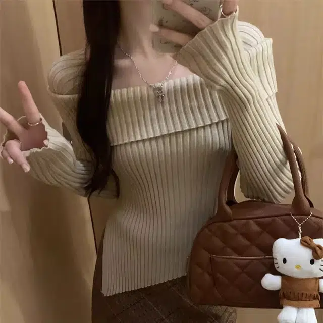 雅羊人 纯色简约通勤针织衫 女款 杏色