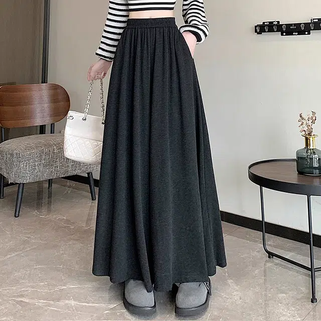 雅羊人 纯色高腰阔腿休闲裤 女款 黑灰色