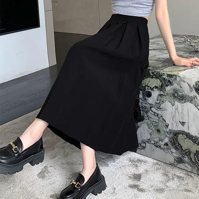 雅羊人 通勤高腰百褶休闲长裙 女款 黑色