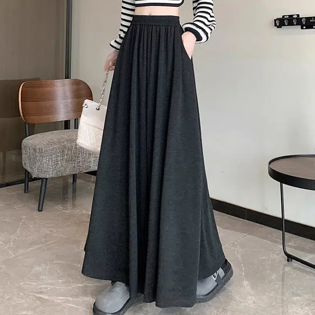 雅羊人 纯色高腰阔腿休闲裤 女款 黑灰色