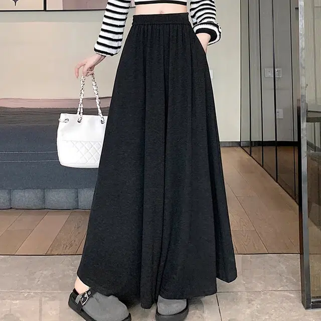 雅羊人 纯色高腰阔腿休闲裤 女款 黑灰色