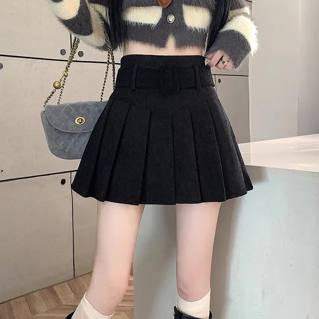 雅羊人 纯色百褶舒适休闲短裙 女款 黑色