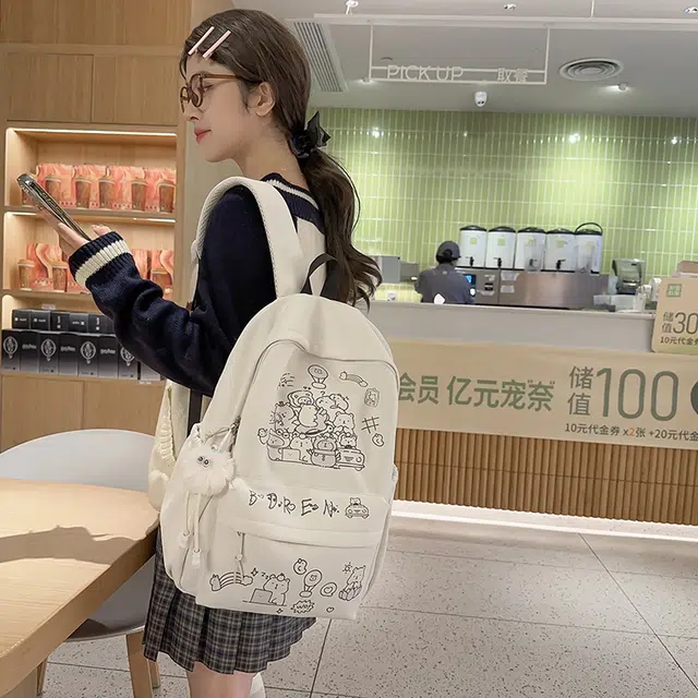醇龙 可爱涂鸦卡通印花书包轻便休闲小众学生小清新少女背包 尼龙 双肩包 男女同款情侣款 黑色/彩色