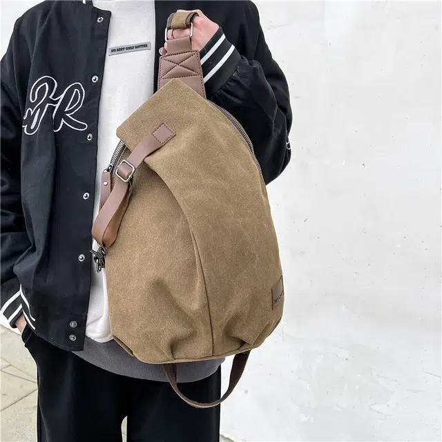 醇龙 休闲复古多功能时尚背包 帆布 胸包 男女同款情侣款 卡其色/黑色