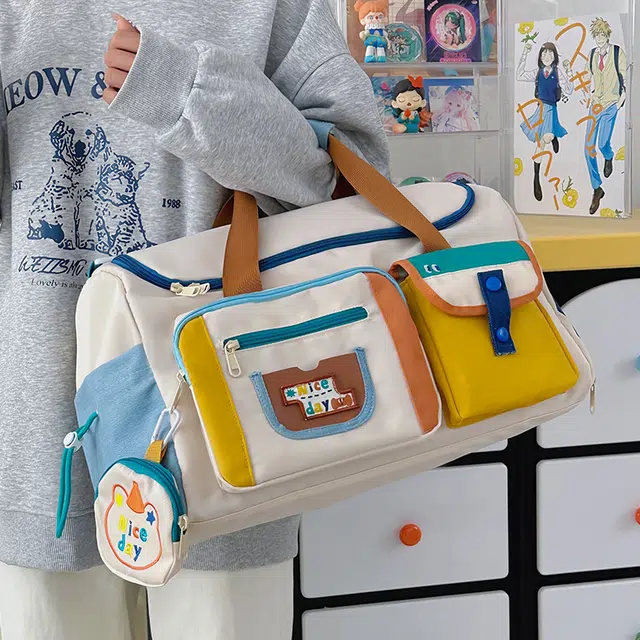 茵初 大容量出游旅行包时尚撞色瑜伽健身包轻便短途出差手提行李袋 尼龙 单肩包 常规 男女同款情侣款 米白色