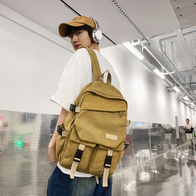 醇龙 男女通用多色帆布多口袋简约百搭大容量双肩包背包