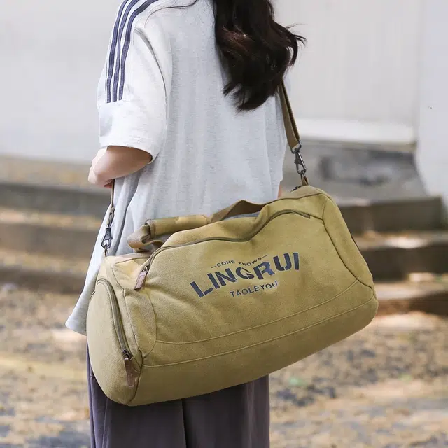 醇龙 双色健身包女单肩训练运动 帆布 旅行包 常规 男女同款情侣款 黑色/卡其色
