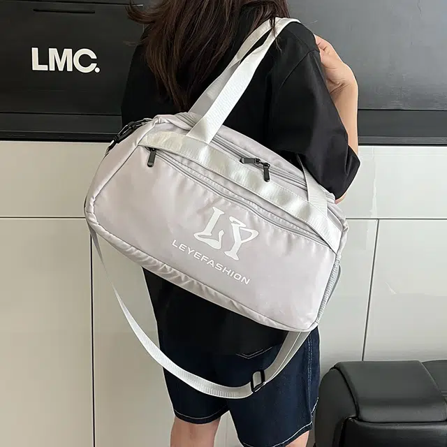 醇龙 时尚字母设计简约 牛津布 旅行包 男女同款情侣款 浅灰色/黑色