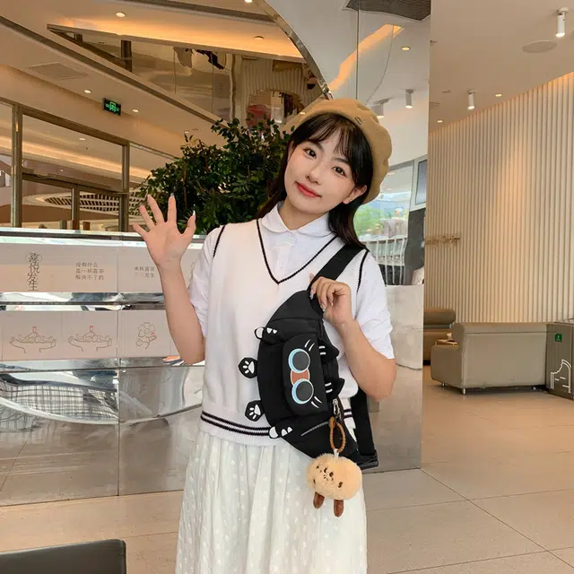 醇龙 卡通韩版可爱猫咪学生 胸包单肩包斜挎包 尼龙 女生 多色