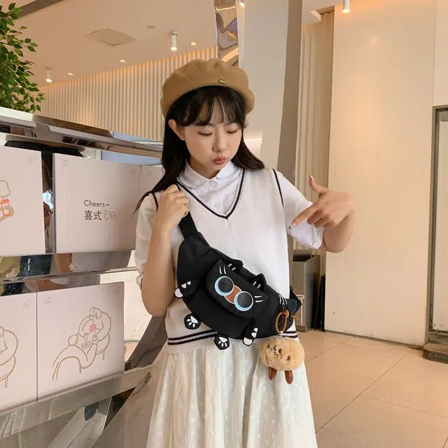 醇龙 卡通韩版可爱猫咪学生 胸包单肩包斜挎包 尼龙 女生 多色