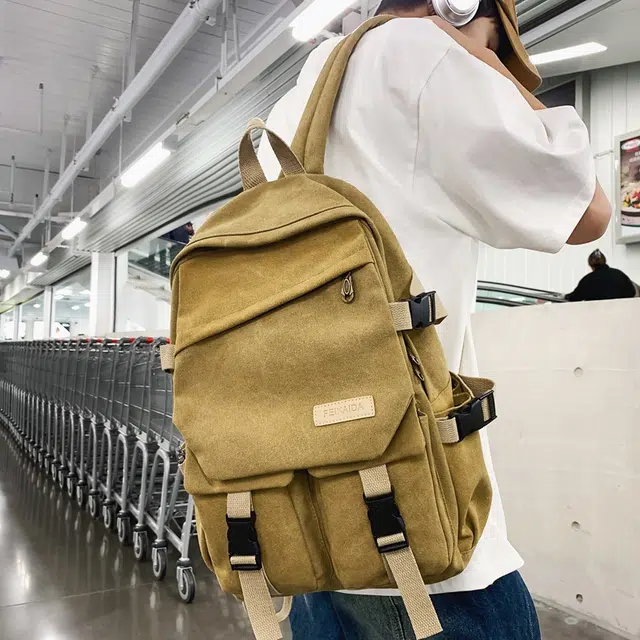 醇龙 男女通用多色帆布多口袋简约百搭大容量双肩包背包