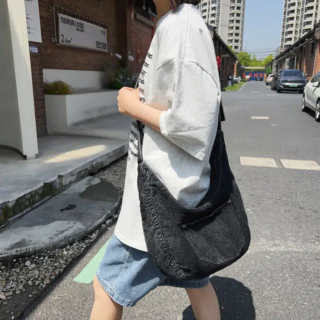 醇龙 小众设计韩版口袋 牛仔布 单肩包 常规 女款 黑/深蓝/浅蓝