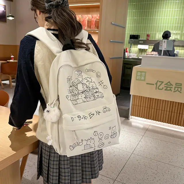 醇龙 可爱涂鸦卡通印花书包轻便休闲小众学生小清新少女背包 尼龙 双肩包 男女同款情侣款 黑色/彩色