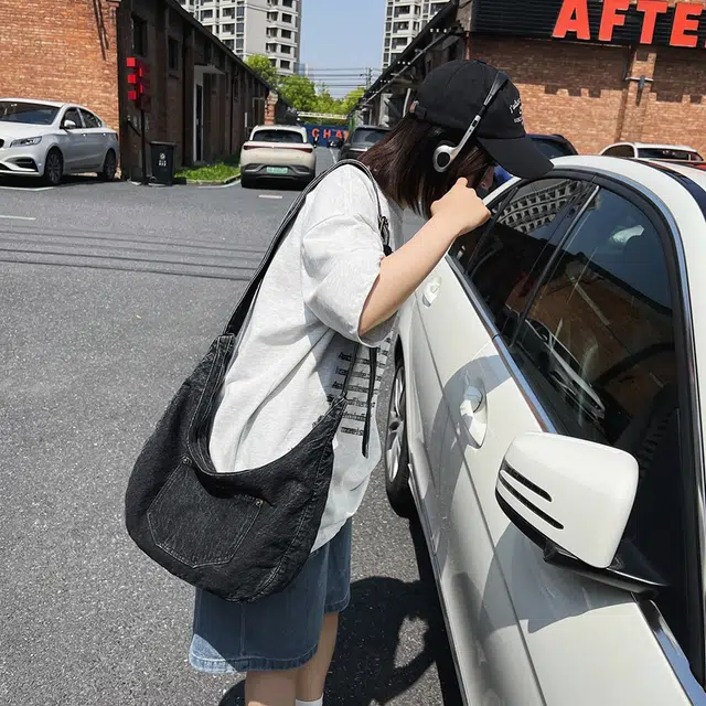 醇龙 小众设计韩版口袋 牛仔布 单肩包 常规 女款 黑/深蓝/浅蓝