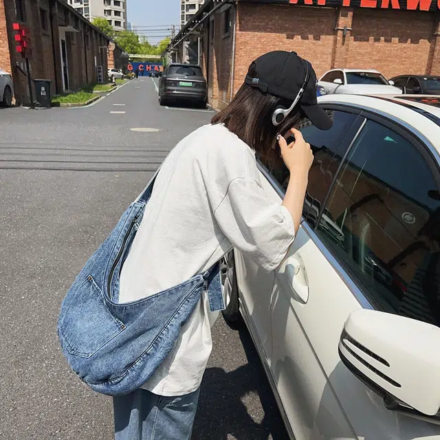 醇龙 小众设计韩版口袋 牛仔布 单肩包 常规 女款 黑/深蓝/浅蓝