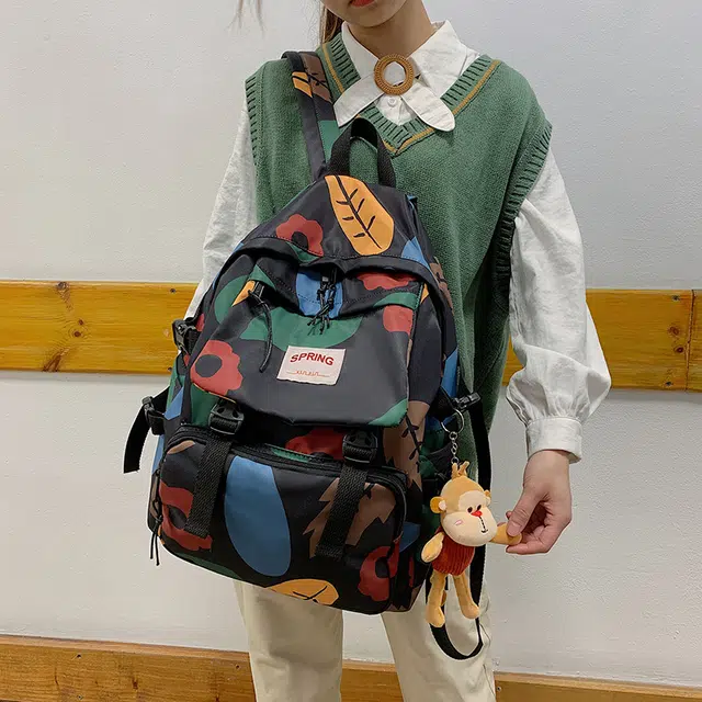 醇龙 涂鸦森系大容量学生书包韩版时尚原宿男旅游 尼龙 双肩包 大号 男女同款情侣款 多色
