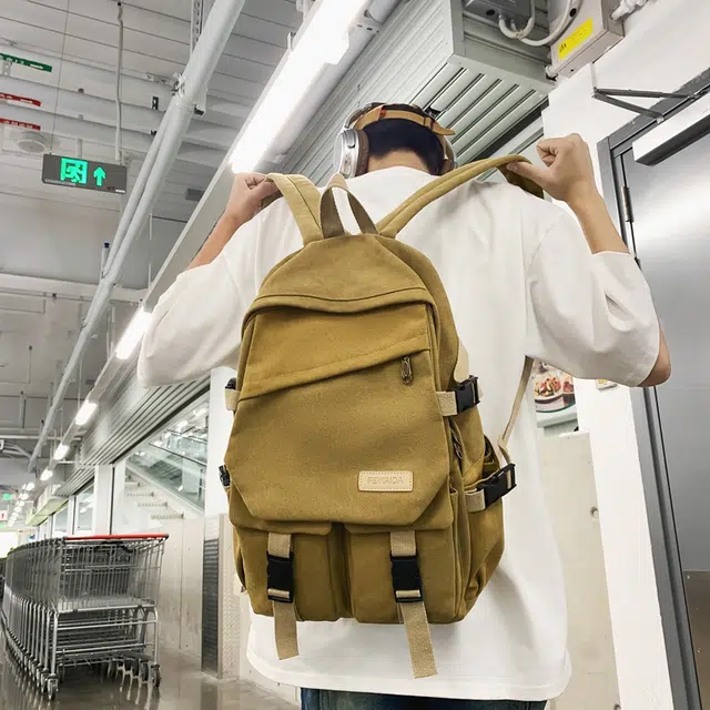 醇龙 男女通用多色帆布多口袋简约百搭大容量双肩包背包