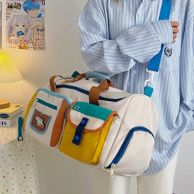 茵初 大容量出游旅行包时尚撞色瑜伽健身包轻便短途出差手提行李袋 尼龙 单肩包 常规 男女同款情侣款 米白色