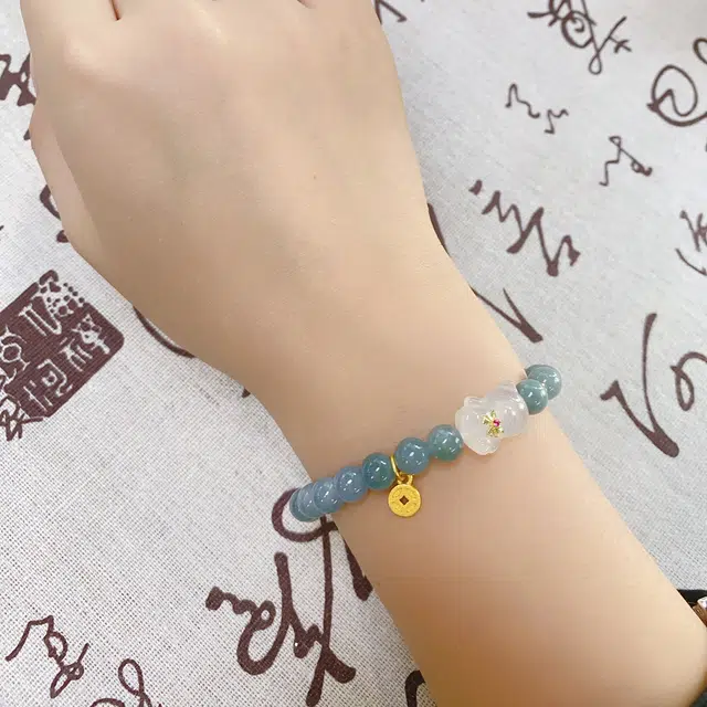 翡丽翠 新中式抱抱熊珠串 国潮国风招财纳福古钱手饰 轻奢小众设计甜美可爱百搭#好运 豆种 翡翠手串 女款