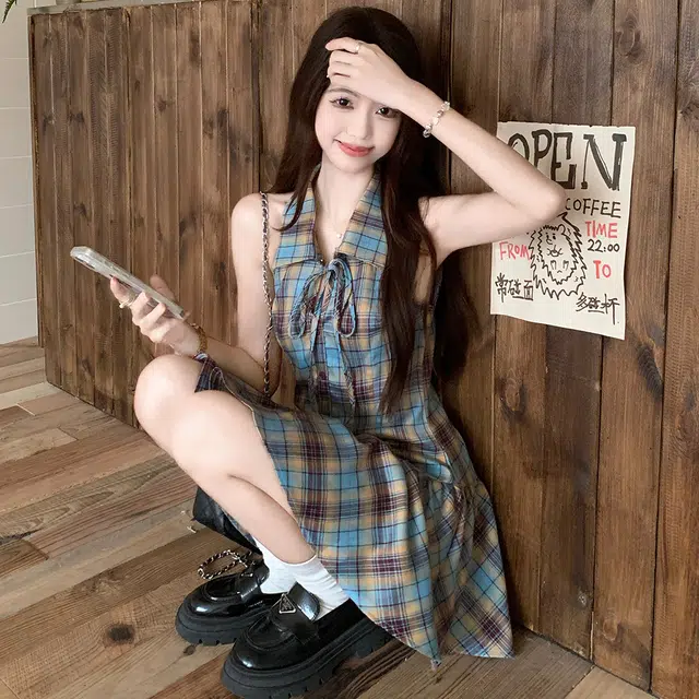 依钗 复古千禧辣妹风格子百褶收腰短袖连衣短裙搭配木耳开衫两件套尽显清纯文艺初恋感裙装套装 女款