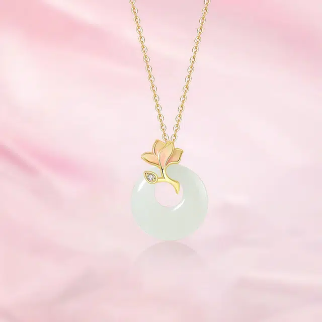 赛菲尔 玉兰花 新中式森系小清新花朵平安扣吊坠平安赐福招财转运 和田玉 项链 男女同款情侣款 青白玉