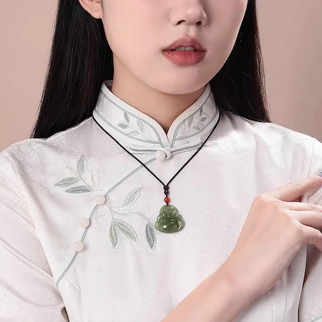 赛菲尔 笑口常开弥勒佛 新中式转运珠大肚佛吊坠招财顺遂平安赐福路路通 和田玉 项链 男女同款情侣款 青玉