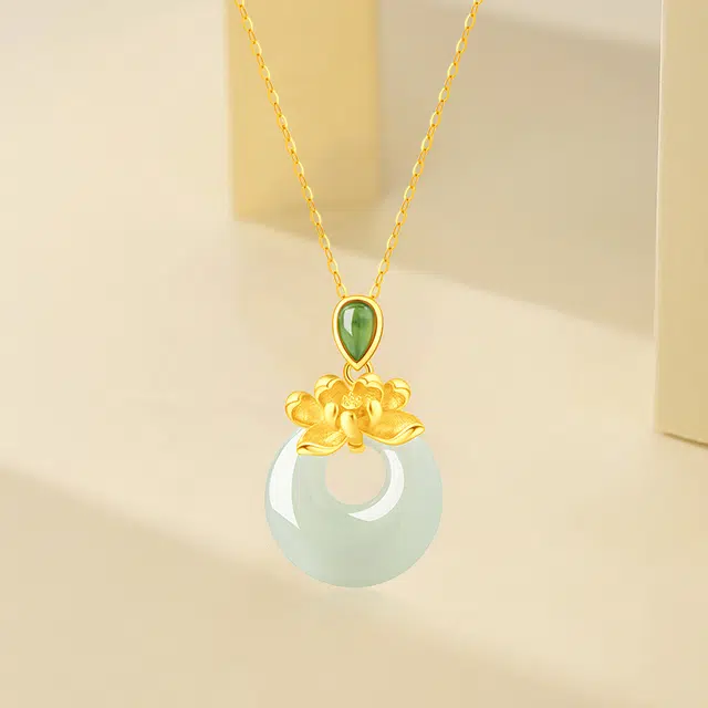 赛菲尔 平安扣莲花 轻奢森系复古国风精致简约高级感设计 和田玉项链 青白玉 女款