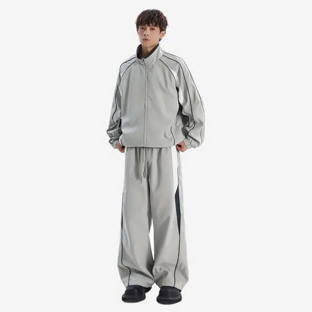 美式复古运动风拼接撞色立领春秋季潮牌帅气青年上衣休闲外套长裤  冲锋衣套装  男女同款