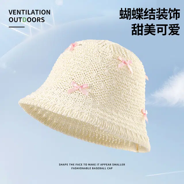 南极人 甜美蝴蝶结手工编织水桶帽子夏季镂空透气出游海边遮阳帽时尚百搭显脸小盆帽 轻薄款 渔夫帽 女款