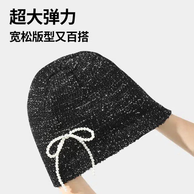【闪闪Bling Bling】 南极人 小香风亮片针织帽珍珠蝴蝶结辣妹百搭弹力冷帽高级感显脸小韩系堆堆帽子#好运 四季 包头帽 女款