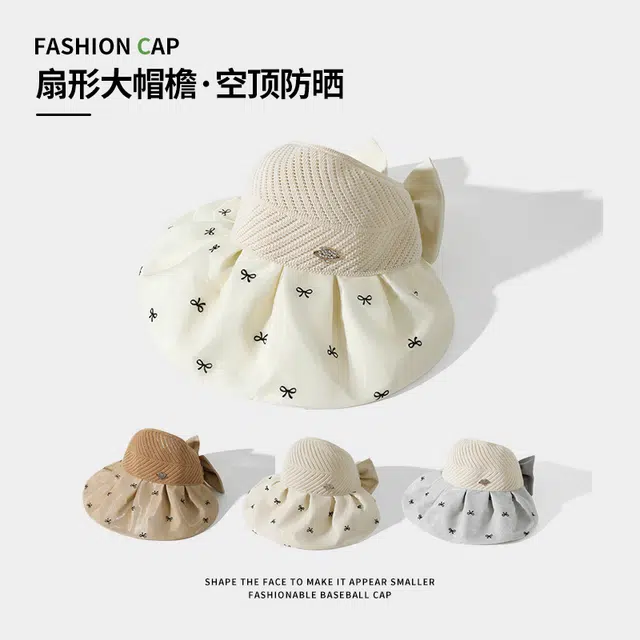 南极人 韩版大帽檐彩胶空顶帽子夏季防紫外线遮阳帽蝴蝶结针织镂空户外出游海边透气太阳帽轻薄款 聚酯纤维 防晒帽 女款