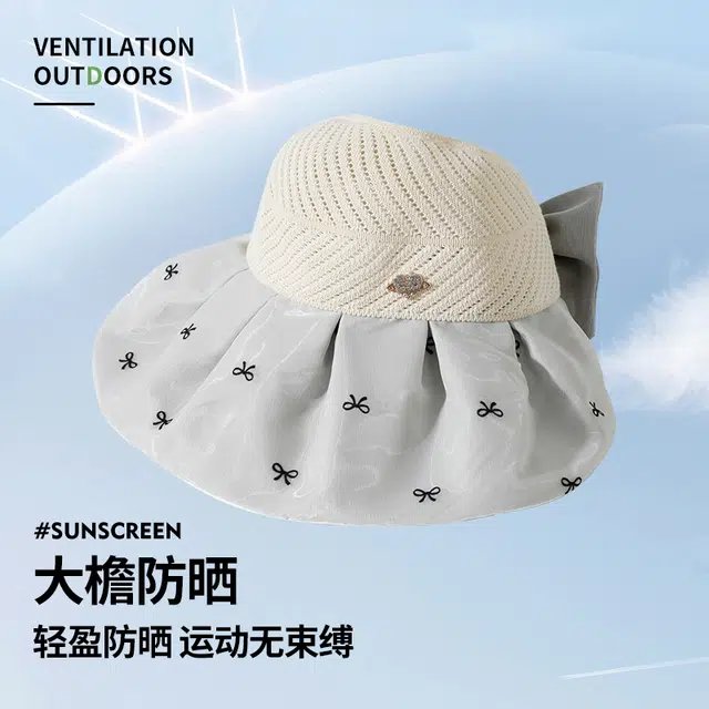 南极人 韩版大帽檐彩胶空顶帽子夏季防紫外线遮阳帽蝴蝶结针织镂空户外出游海边透气太阳帽轻薄款 聚酯纤维 防晒帽 女款