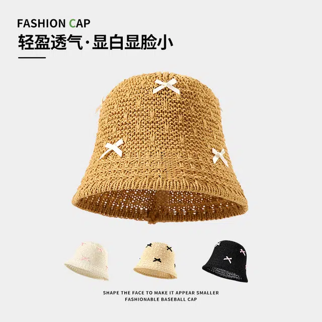 南极人 甜美蝴蝶结手工编织水桶帽子夏季镂空透气出游海边遮阳帽时尚百搭显脸小盆帽 轻薄款 渔夫帽 女款