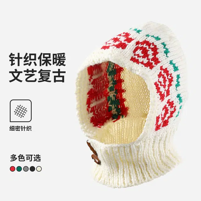 南极人 秋冬韩版花朵针织巴拉克拉法帽 保暖护耳一体套头帽 针织 毛线帽 女款