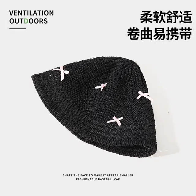 南极人 甜美蝴蝶结手工编织水桶帽子夏季镂空透气出游海边遮阳帽时尚百搭显脸小盆帽 轻薄款 渔夫帽 女款