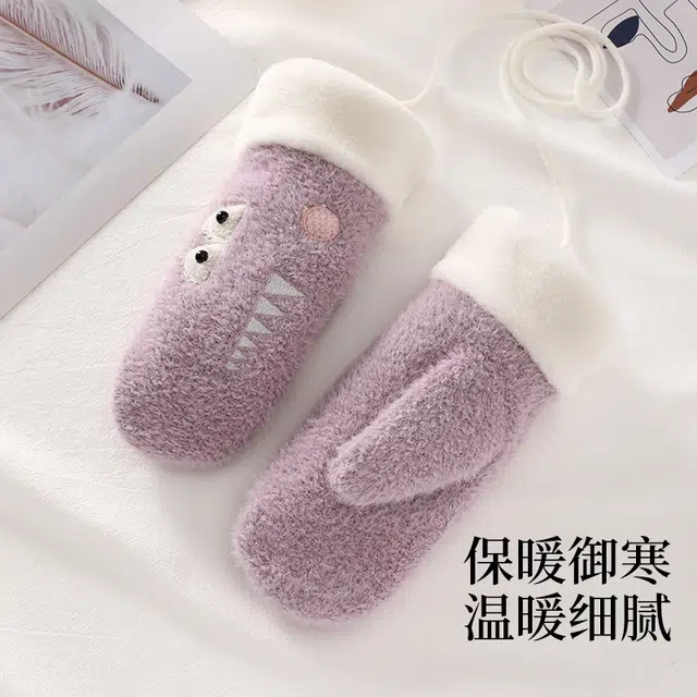 南极人 冬季保暖挂脖手闷子可爱韩版加绒厚防寒骑车防风防冻 加厚 绒线手套 女款