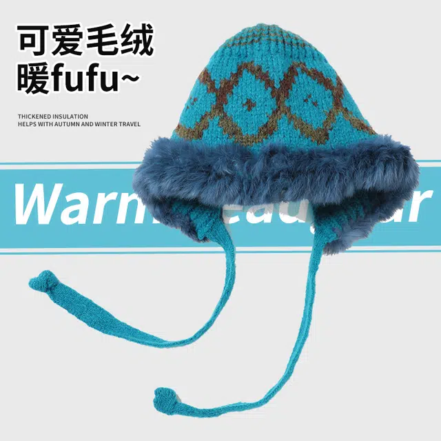 南极人 川西旅游保暖针织毛绒秋冬新款防寒护耳防风绑带民族复古氛围感 加厚 绒线帽 女款