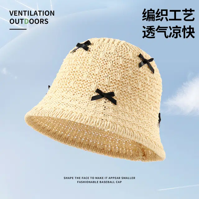 南极人 甜美蝴蝶结手工编织水桶帽子夏季镂空透气出游海边遮阳帽时尚百搭显脸小盆帽 轻薄款 渔夫帽 女款