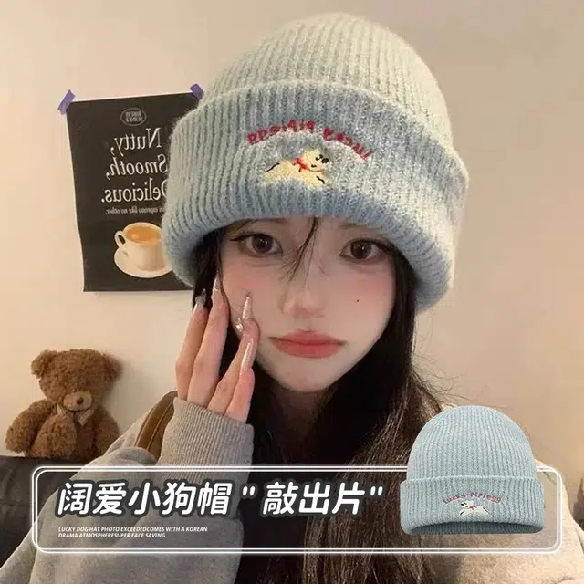 南极人 可爱小狗刺绣针织毛线秋冬季新款显脸小百搭包头帽堆堆冷帽 加厚 绒线帽 女款