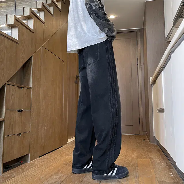 美式复古高街风宽松百搭水洗基础款长裤通勤休闲兼具多种设计元素牛仔裤 男女同款