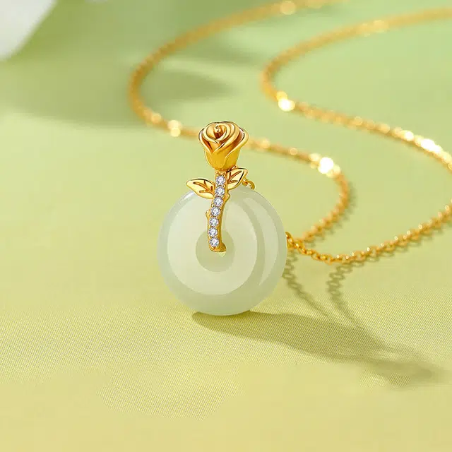 贝诗珠宝 玫瑰平安扣锁骨链新中式高级感花朵 玉髓 项链 女款