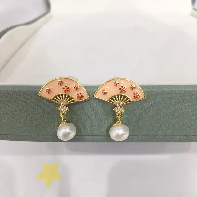 贝诗珠宝 新中式国风 小花扇一对小众设计中国风 淡水珍珠 耳钉 女款