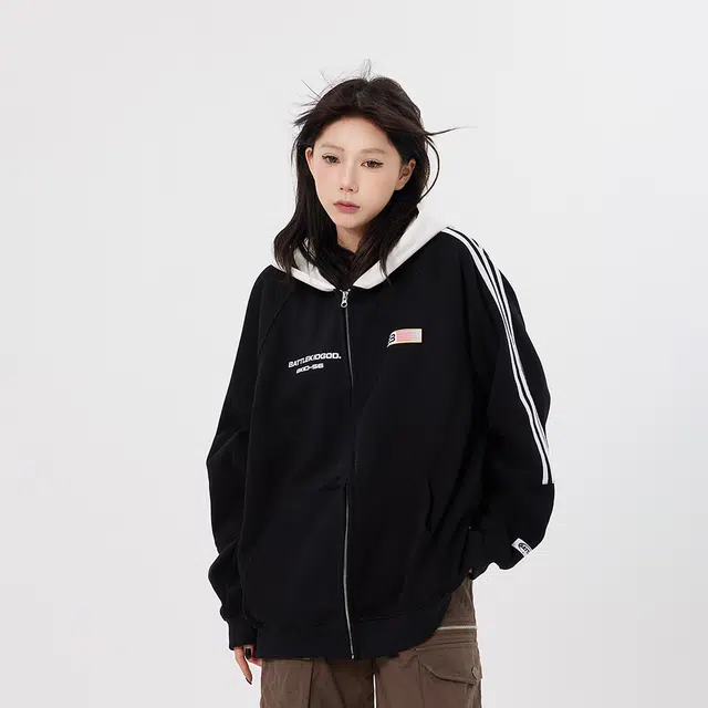 美式条纹旗帜复古开衫外套宽松连帽卫衣 男女同款